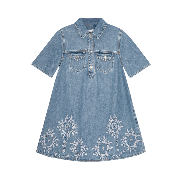 Ganni – Minikleid aus Denim mit Lochstickerei