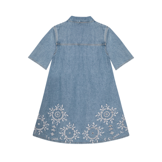 Ganni – Minikleid aus Denim mit Lochstickerei