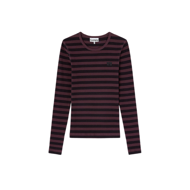 Blød og stribet langærmet t-shirt i bomuldsjersey fra Ganni - chocolate plum